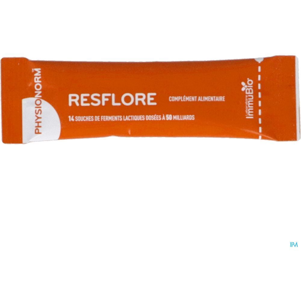 Sachet individuel Resflore. Sachet orange avec nom du produit et informations. Marques Physionorm et Immubio.