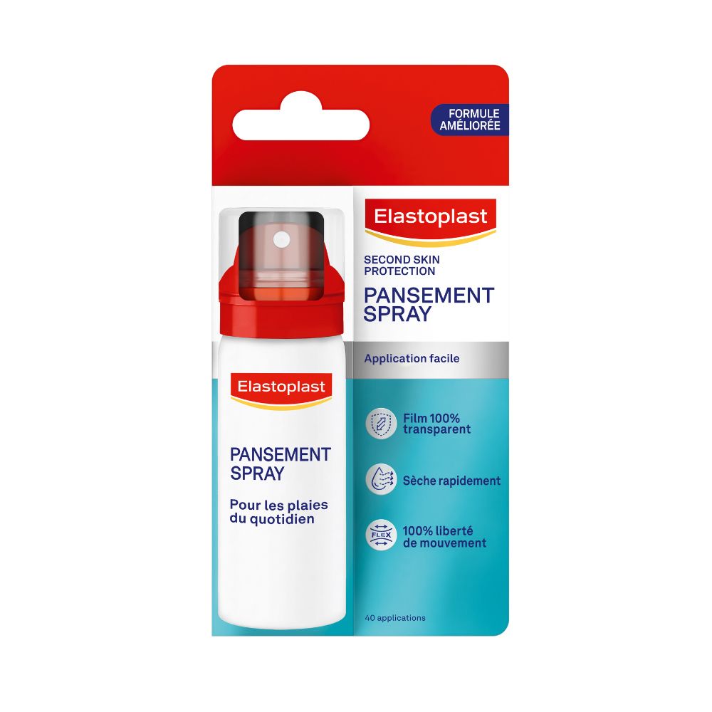 Elastoplast Pansement Spray en emballage. Flacon rouge et blanc avec pulvérisateur. Emballage bleu et rouge.