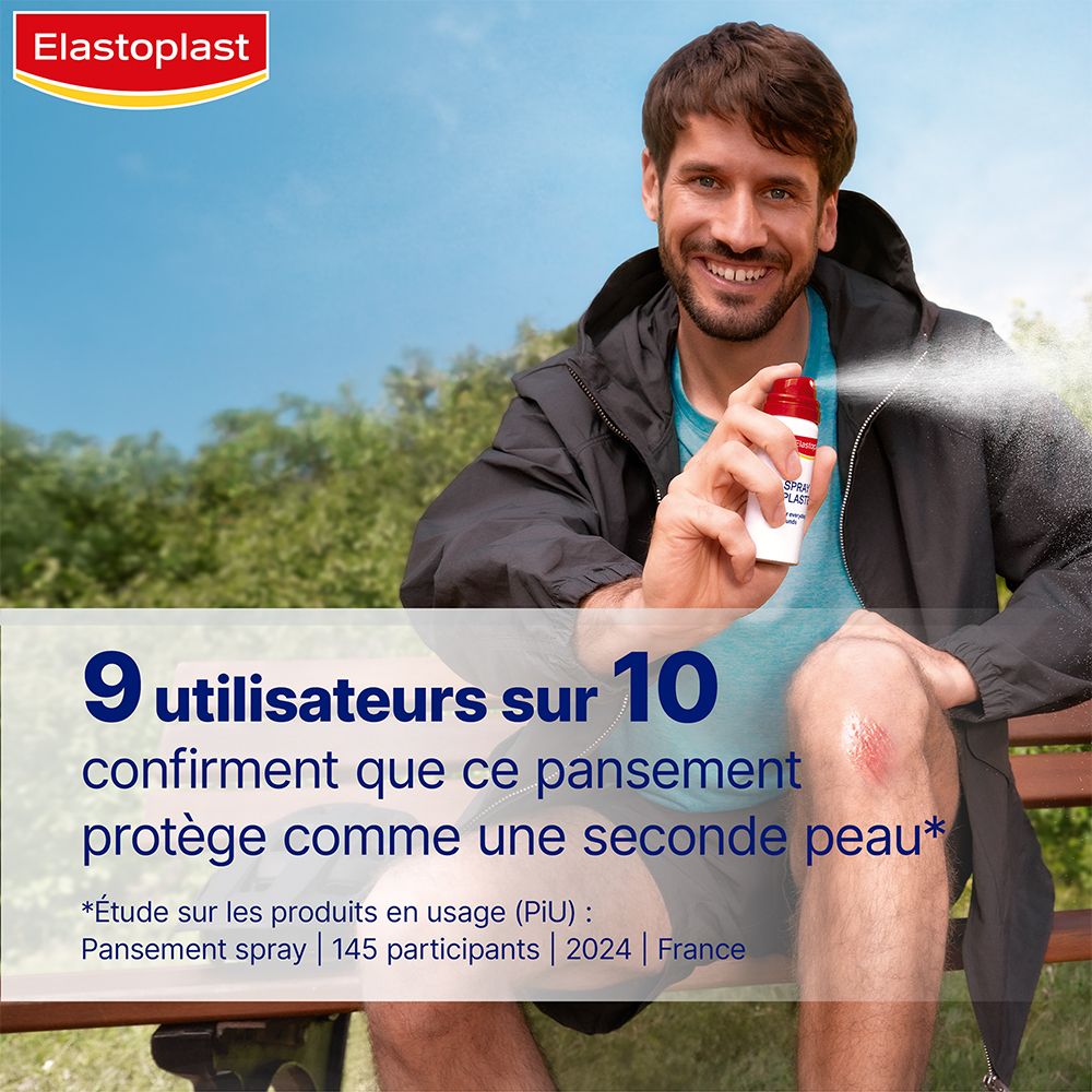 Homme pulvérisant du pansement spray sur un genou. Texte: 9 utilisateurs sur 10 confirment la protection comme une seconde peau.
