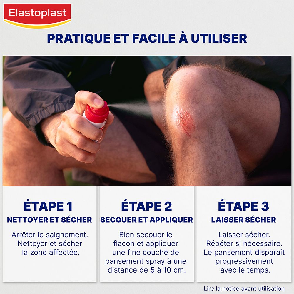 Trois étapes pour l'application du pansement spray. Nettoyer, sécher, appliquer et laisser sécher.