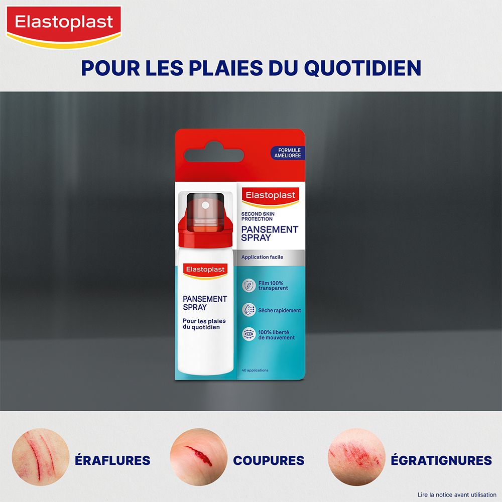 Elastoplast Pansement Spray en emballage. Flacon rouge et blanc avec pulvérisateur. Pour les plaies du quotidien.