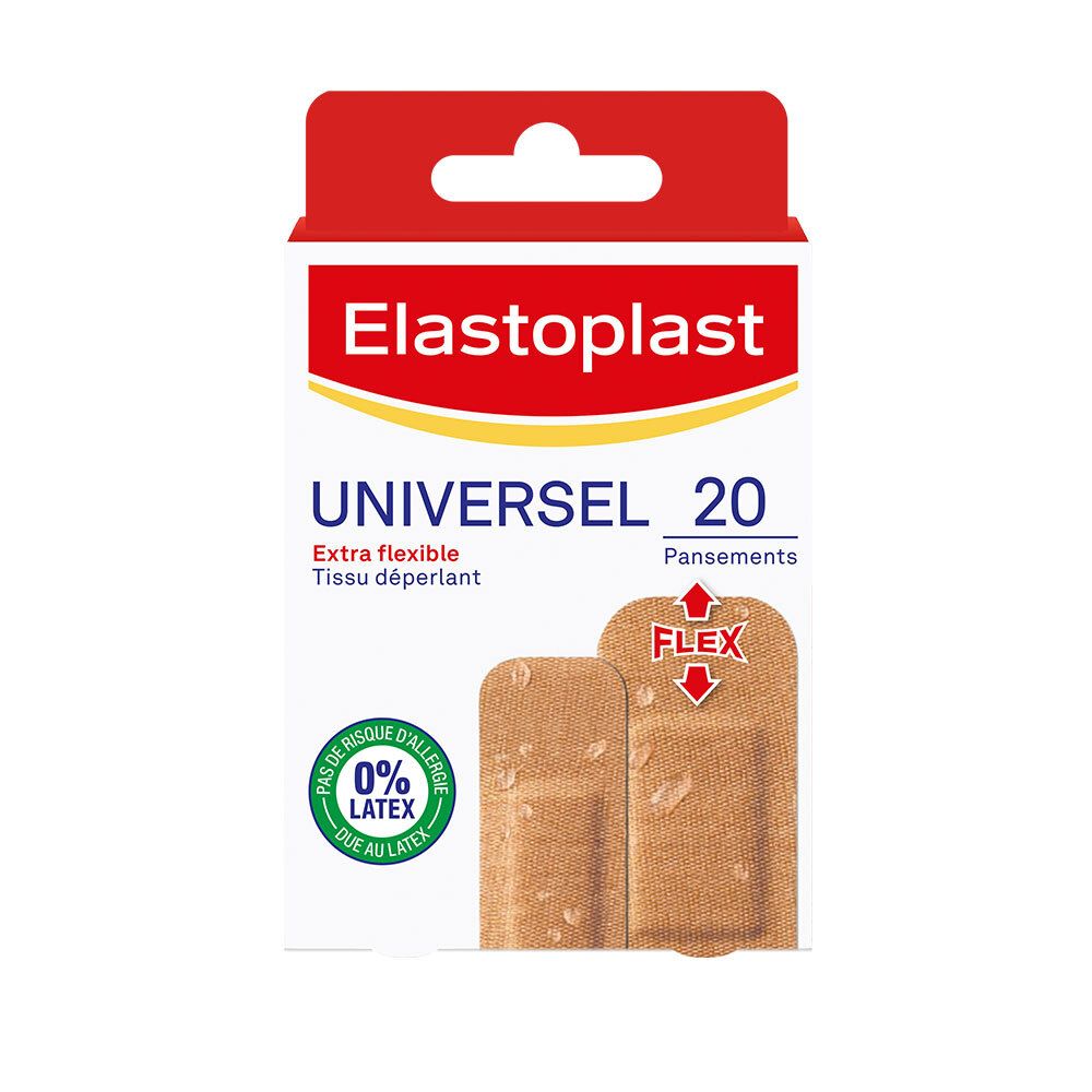 Boîte Elastoplast avec 20 pansements Universel Extra flexible. 0% latex. Deux pansements sont représentés.