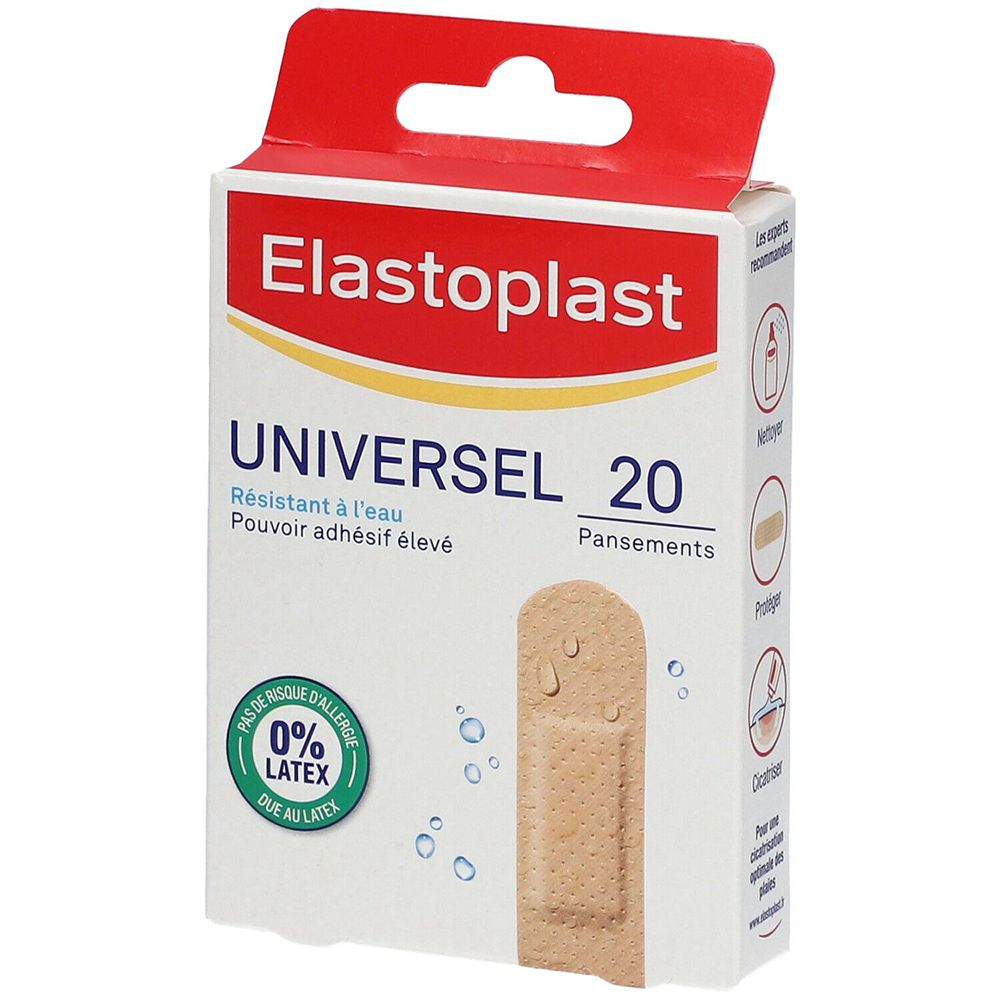 Boîte de pansements Elastoplast Universel 20. Résistant à l'eau, forte adhérence, 0% latex.