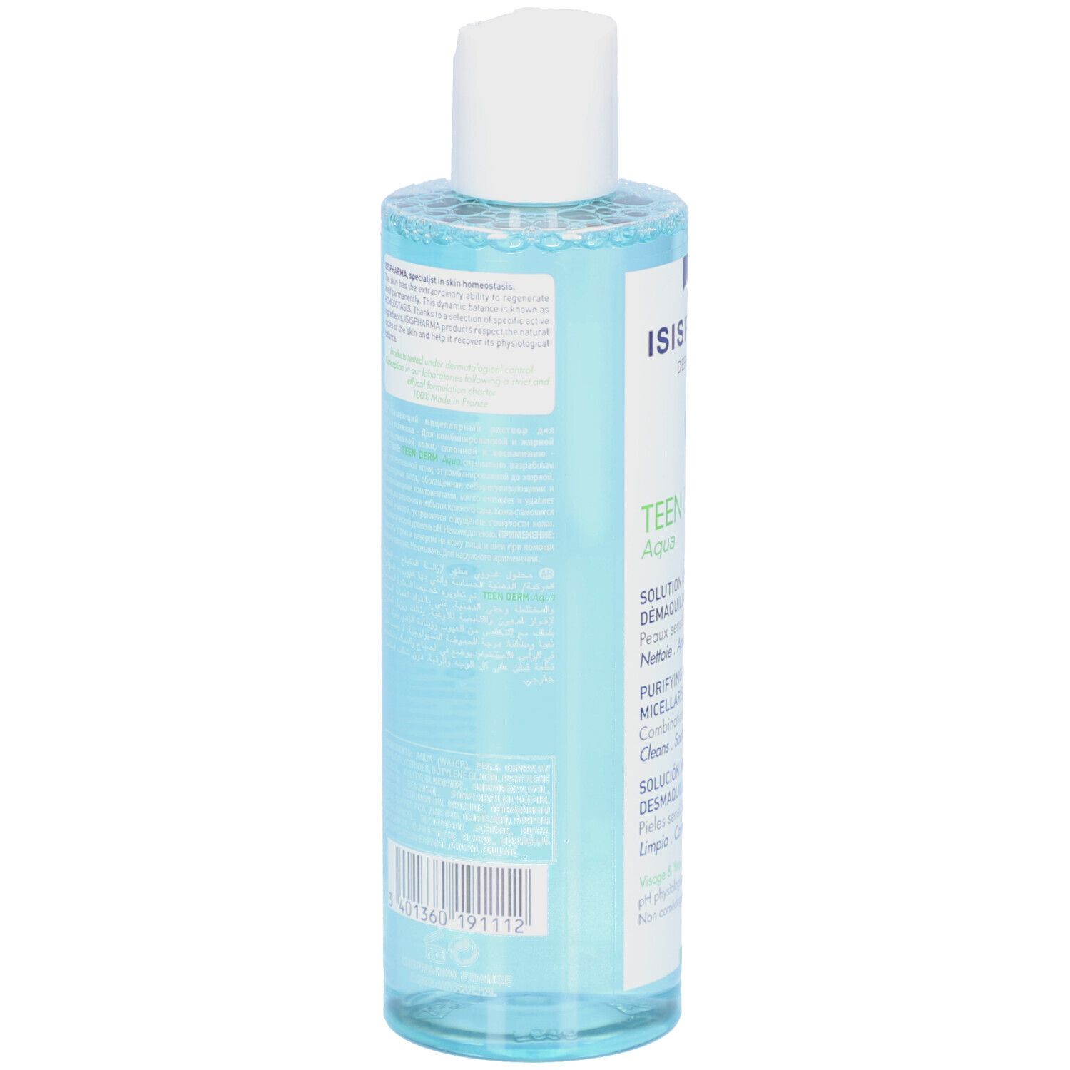 Vue arrière de la solution Teen Derm Aqua. Flacon bleu, bouchon blanc, étiquette avec informations produit. Solution micellaire.