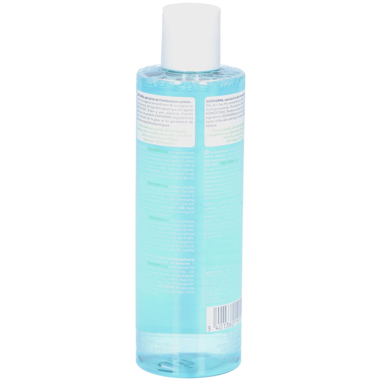 Vue arrière de la solution Teen Derm Aqua. Flacon bleu, bouchon blanc, étiquette avec informations produit. Solution micellaire.