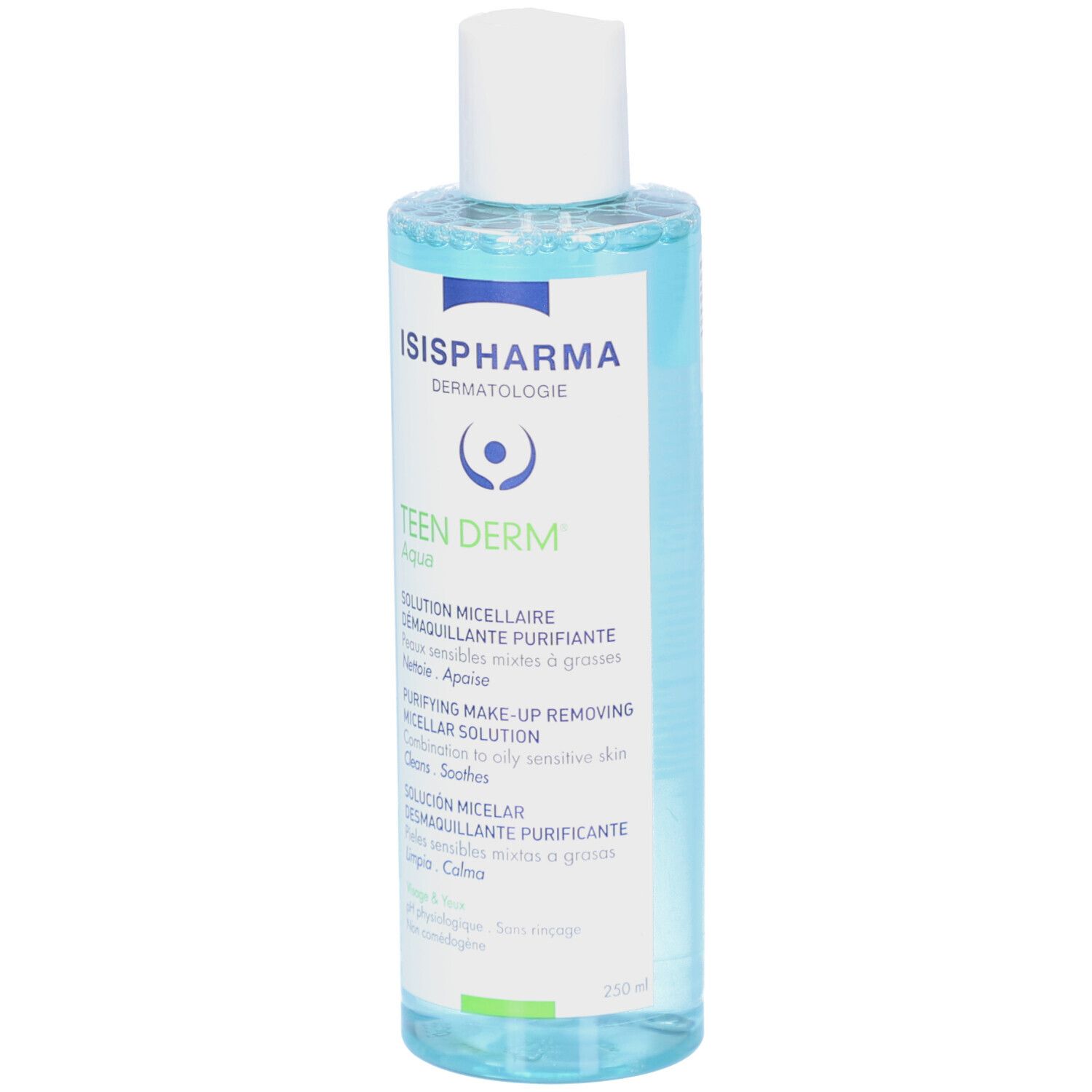 Solution Teen Derm Aqua d'ISISPHARMA. Flacon bleu, bouchon blanc, étiquette avec informations produit. Solution micellaire.