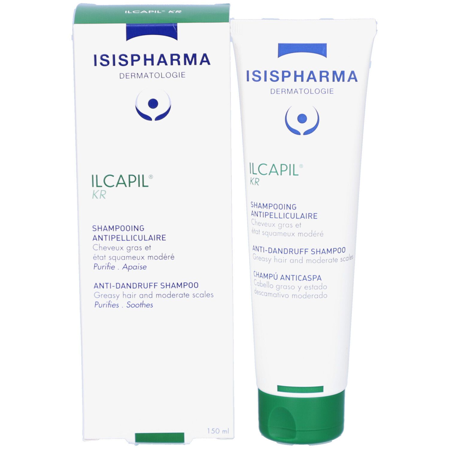 Emballage et tube. Emballage: blanc avec couvercle vert. Inscription: ISISPHARMA, ILCAPIL KR. Tube: blanc avec bouchon vert.