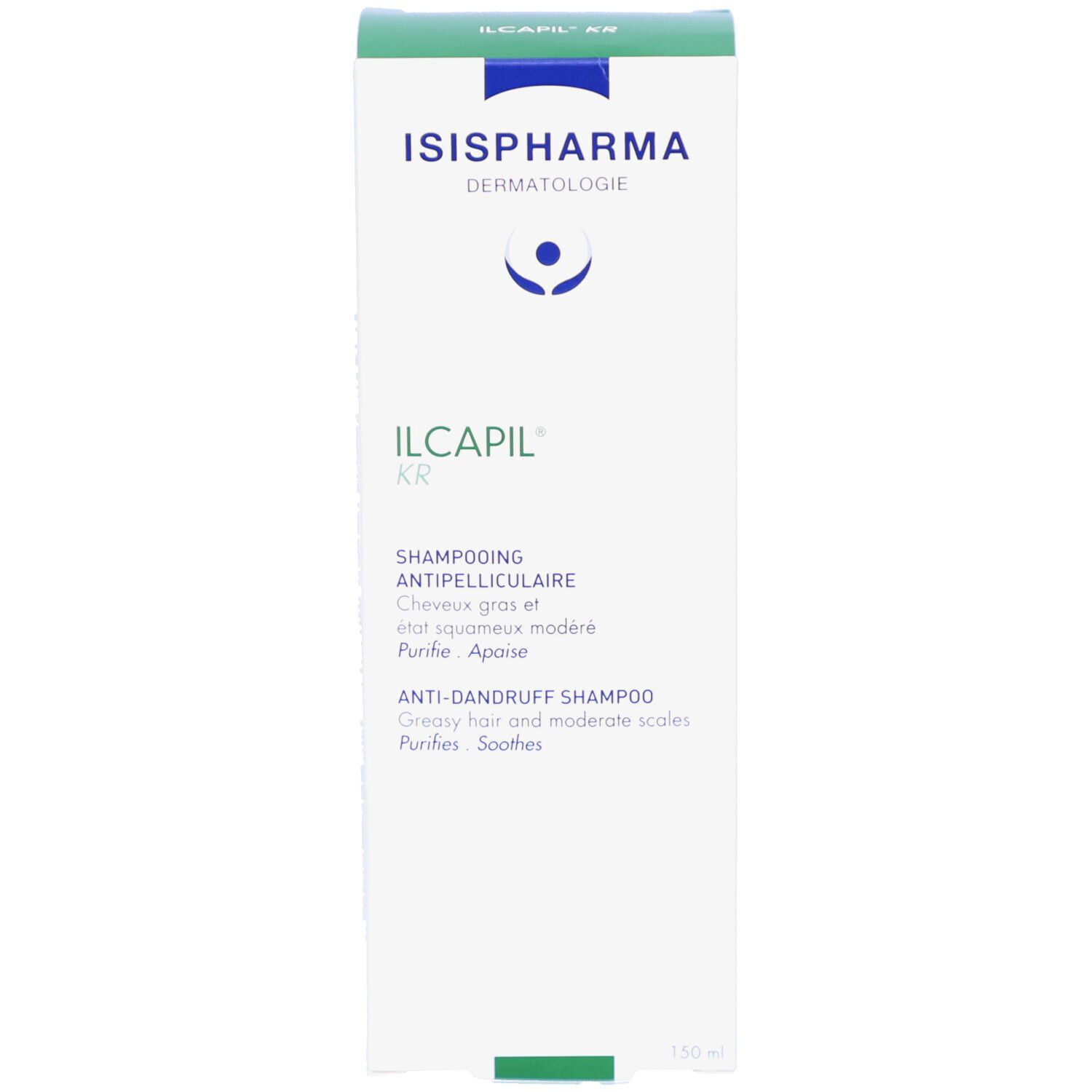 Emballage. Blanc avec couvercle vert. Inscription: ISISPHARMA, ILCAPIL KR, Shampooing Antipelliculaire. Texte en plusieurs langues.