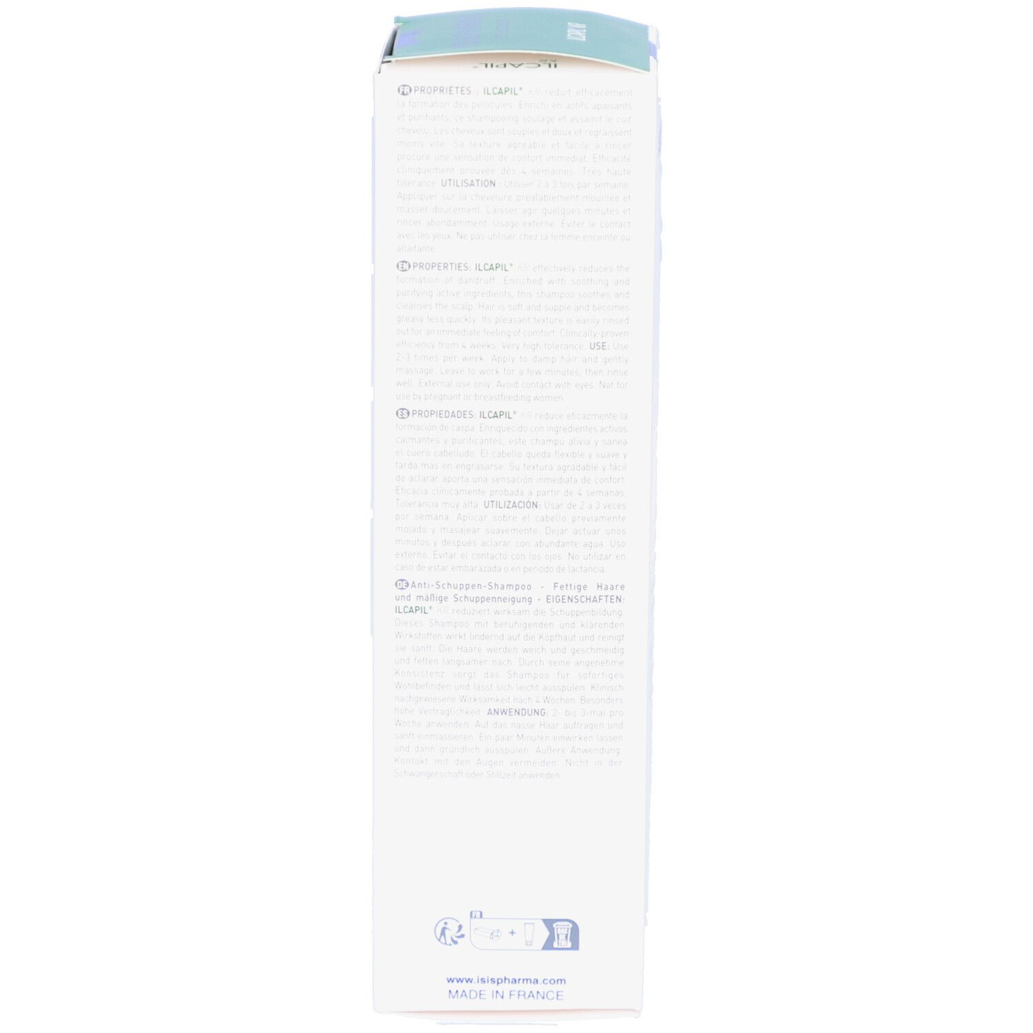 Emballage. Boîte blanche avec couvercle vert. Inscription: ISISPHARMA, ILCAPIL KR. Texte en plusieurs langues.
