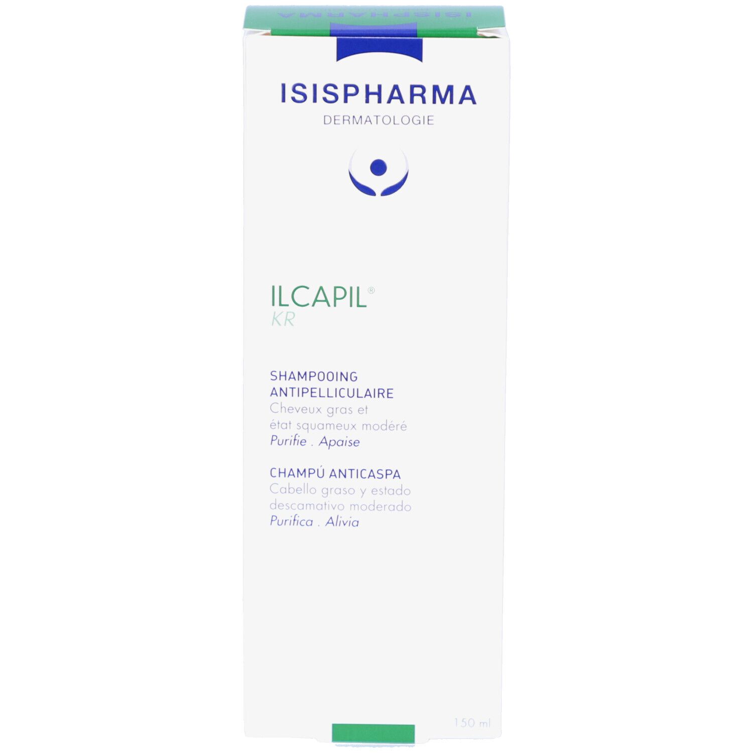 Emballage. Boîte blanche avec couvercle vert. Inscription: ISISPHARMA, ILCAPIL KR. Texte en plusieurs langues.