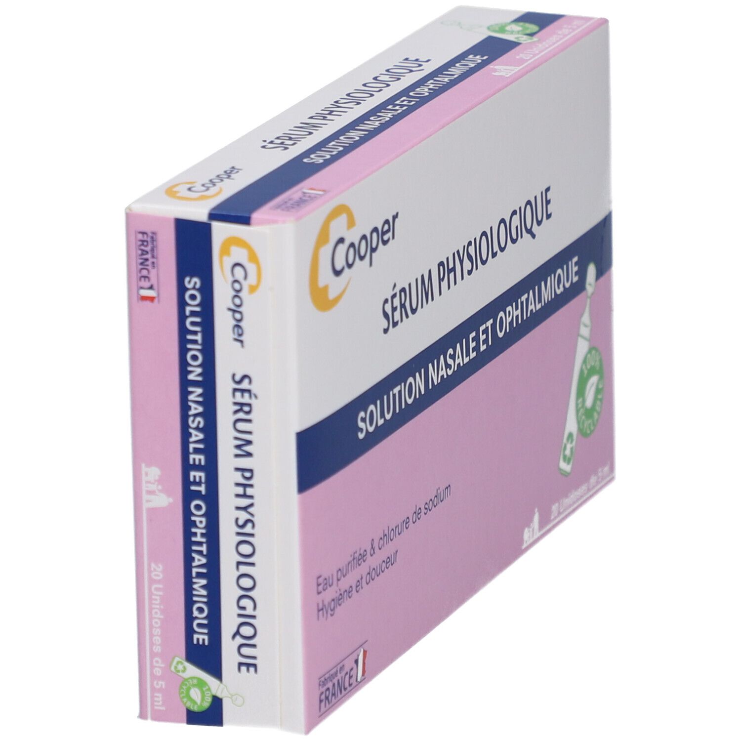Deux boîtes de Sérum Physiologique Cooper. Roses et blanches, avec logo et nom. 20 unidoses.