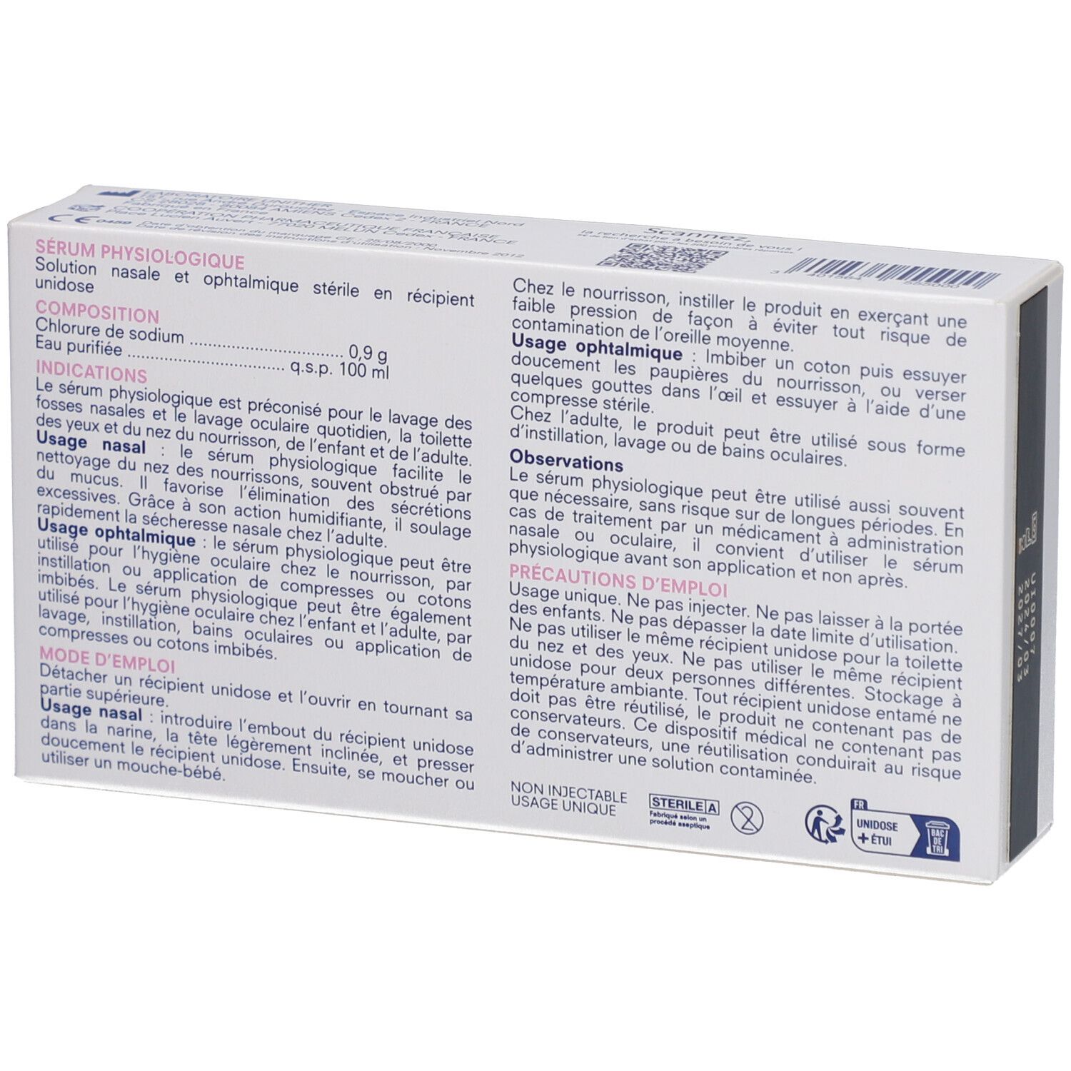 Dos de la boîte de Sérum Physiologique Cooper. Texte avec ingrédients, instructions et précautions d'emploi.