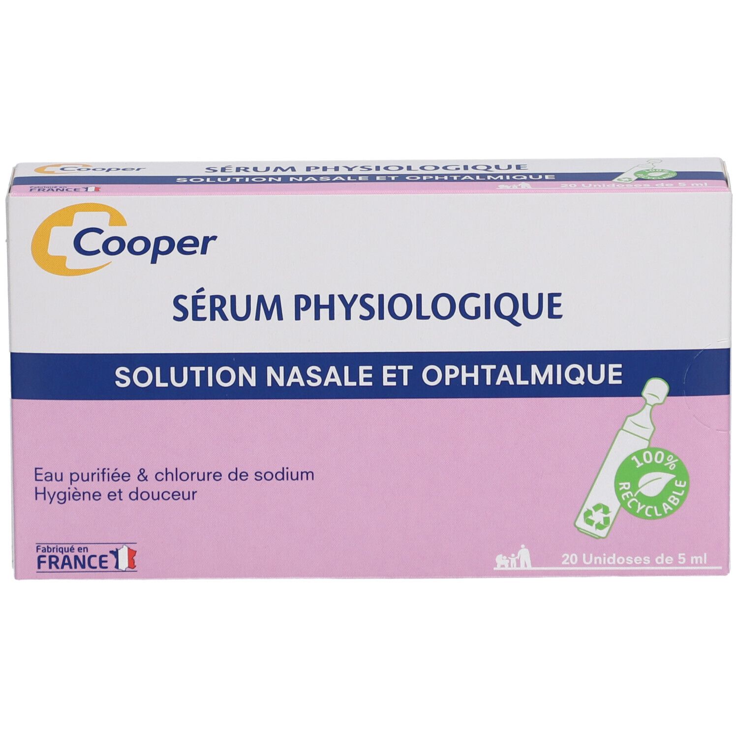 Boîte de Sérum Physiologique Cooper. Rose et blanche, avec logo et nom du produit. 20 unidoses.