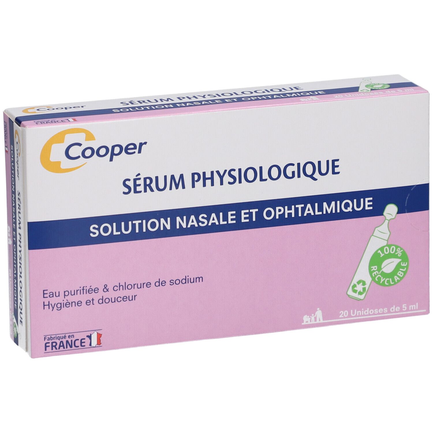 Boîte de Sérum Physiologique Cooper. Rose et blanche, avec logo et nom du produit. 20 unidoses.