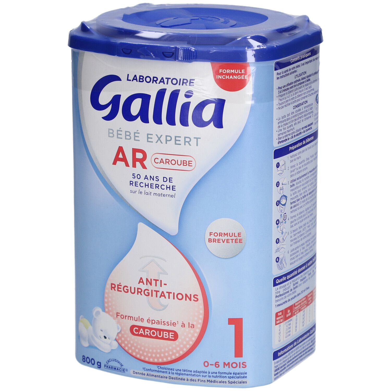 Boîte Gallia Bébé Expert AR Caroube 1. Pour 0-6 mois. Formule anti-régurgitations. 800g. Emballage bleu.