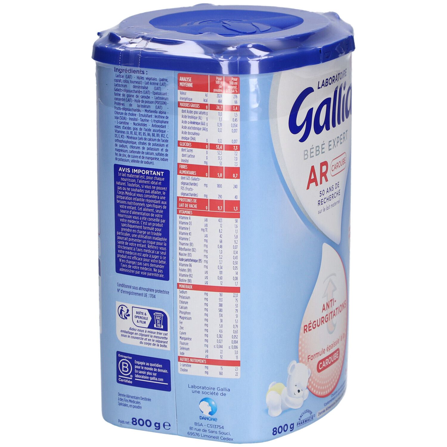 Dos de la boîte Gallia Bébé Expert AR Caroube 1. Informations nutritionnelles, ingrédients. 800g. Bleu.
