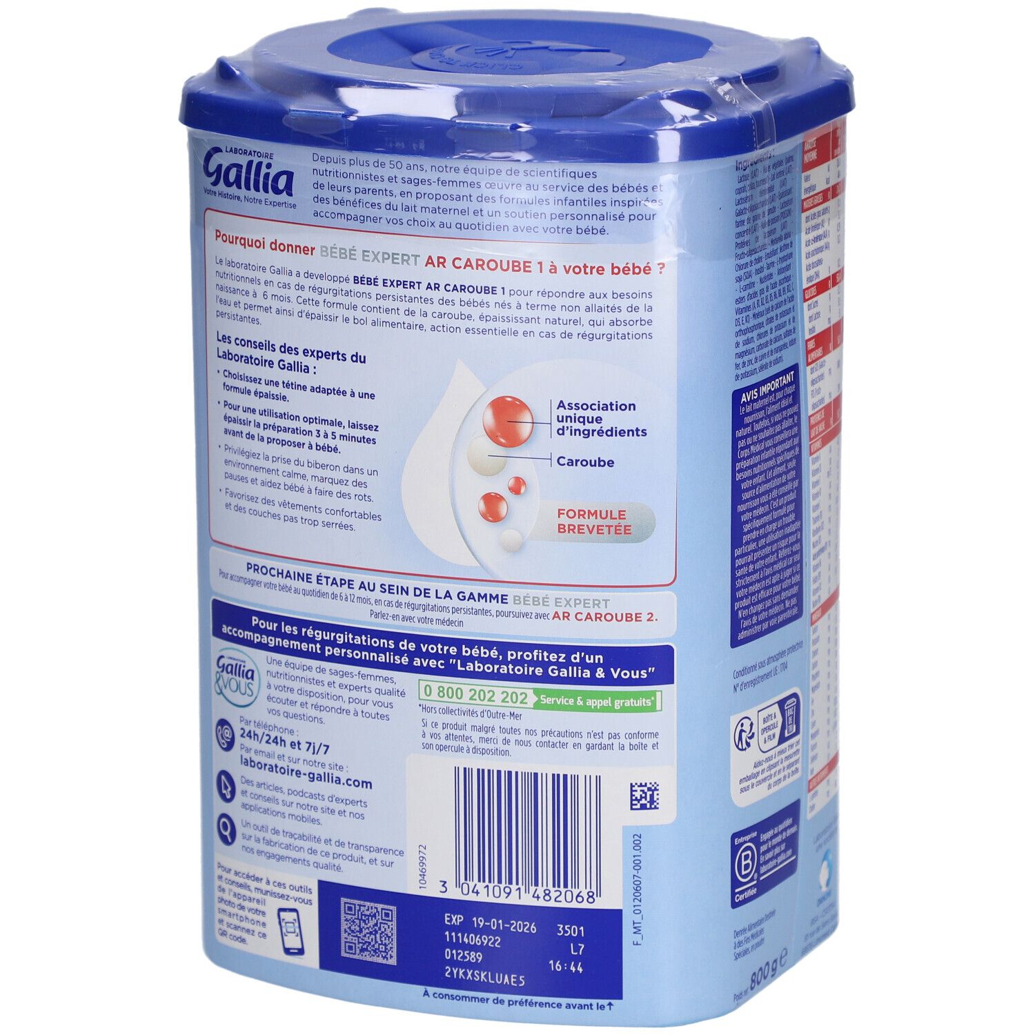 Dos de la boîte Gallia Bébé Expert AR Caroube 1. Informations d'utilisation. 800g. Emballage bleu.