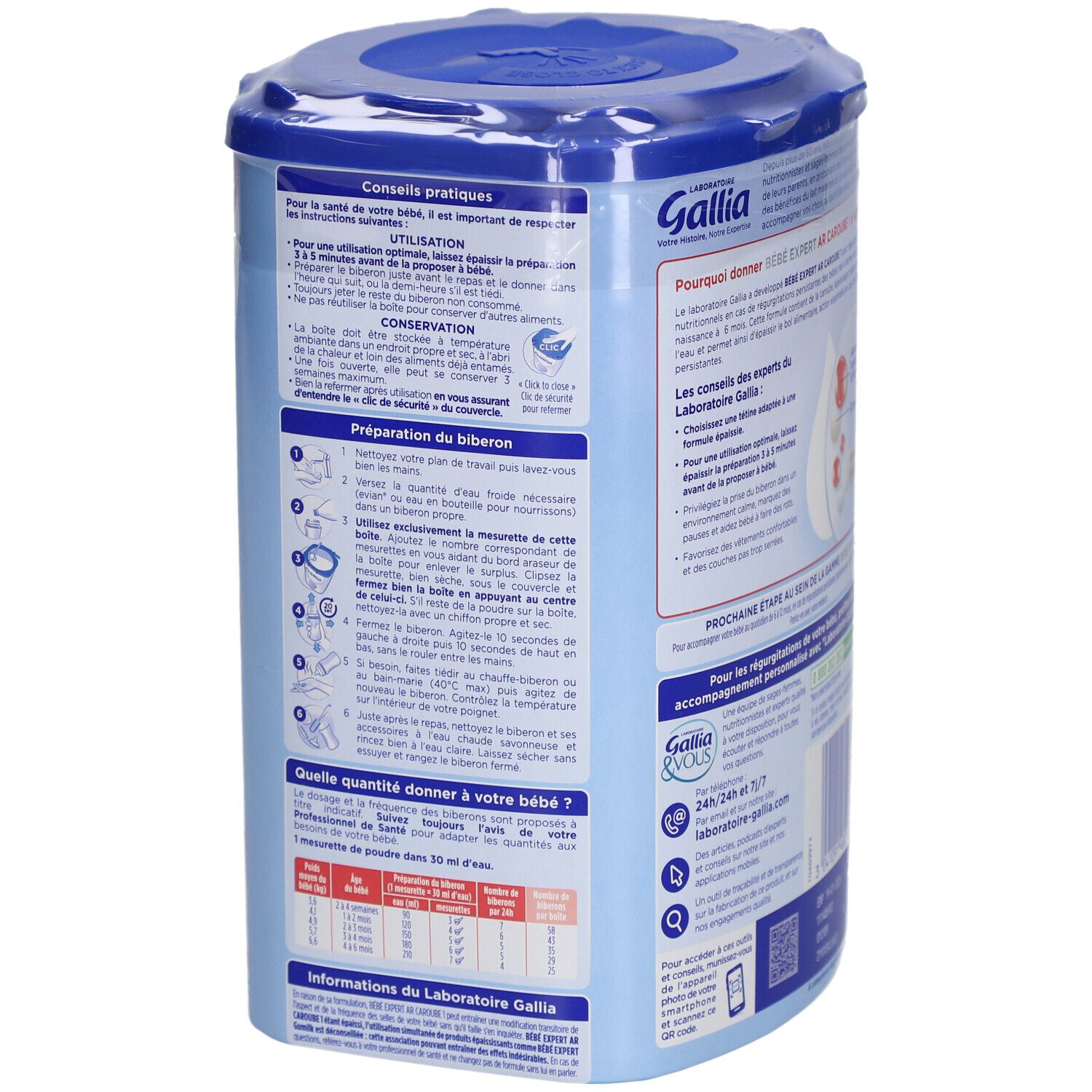 Dos de la boîte Gallia Bébé Expert AR Caroube 1. Informations d'utilisation. 800g. Emballage bleu.