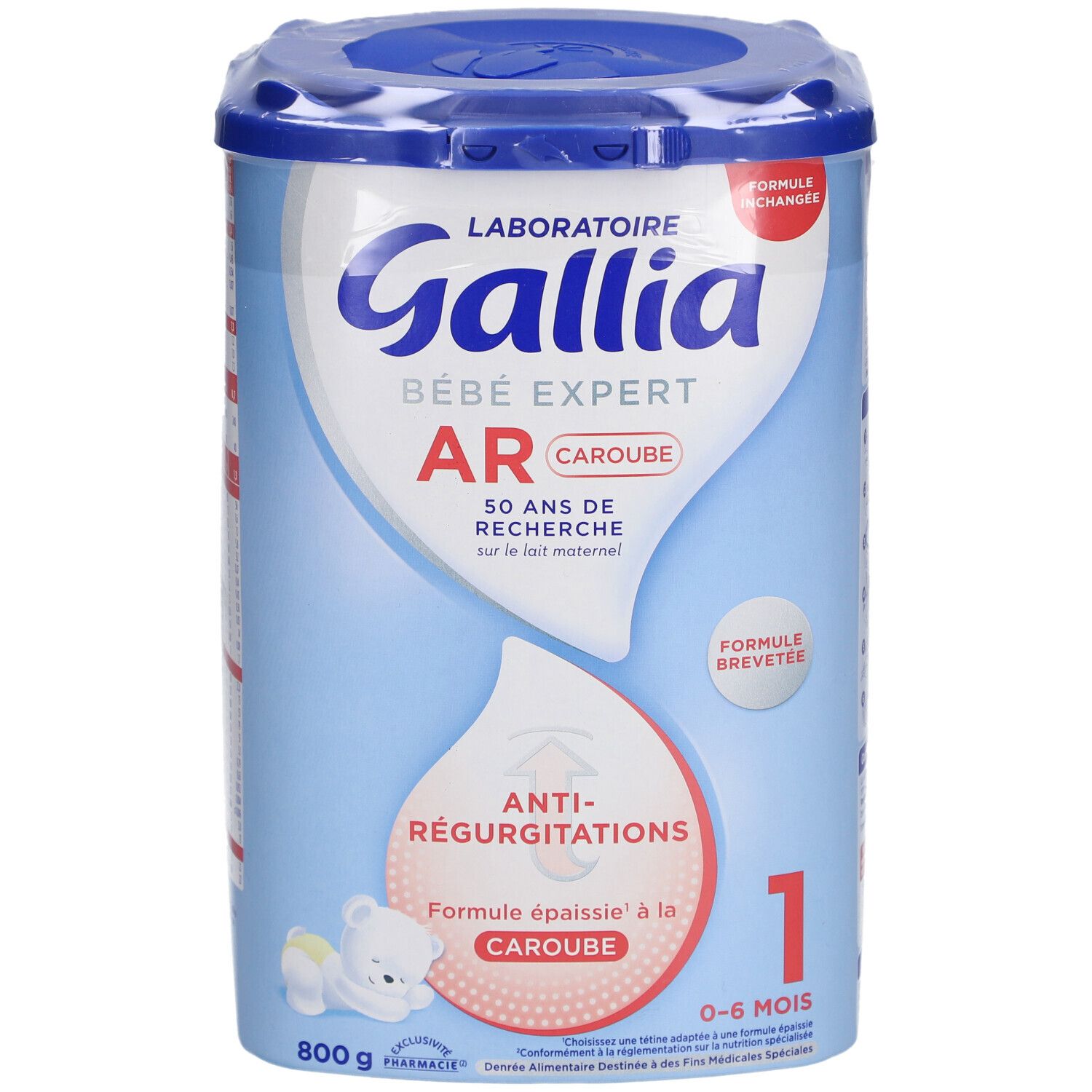 Boîte Gallia Bébé Expert AR Caroube 1. Pour 0-6 mois. Formule anti-régurgitations. 800g. Emballage bleu.