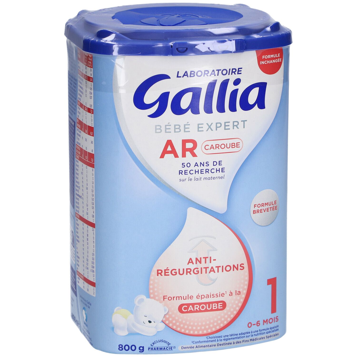 Boîte Gallia Bébé Expert AR Caroube 1. Pour 0-6 mois. Formule anti-régurgitations. 800g. Emballage bleu.