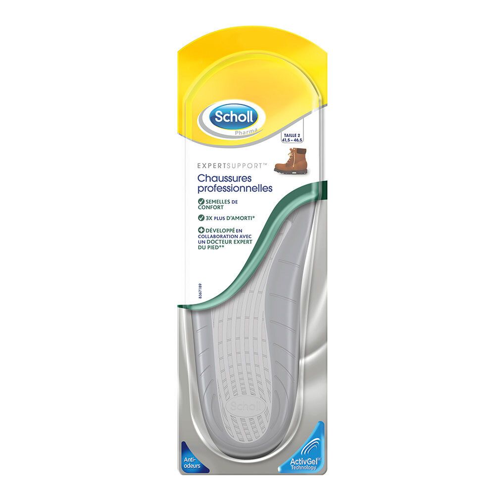 Semelles Scholl® ActivGel™ pour chaussures professionnelles. Semelle transparente dans emballage. Emballage jaune et blanc.