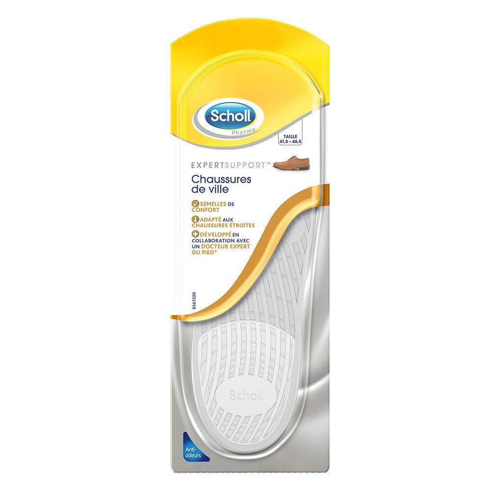 Semelles Scholl® ActivGel™ pour chaussures de ville dans emballage. Visible: semelle, marque, nom du produit, taille 41,5-46,5.