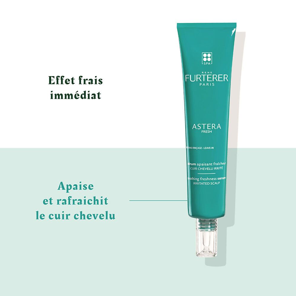 Tube vert René Furterer ASTERA FRESH. Sérum cuir chevelu irrité. Avec applicateur. Texte: Effet frais immédiat.