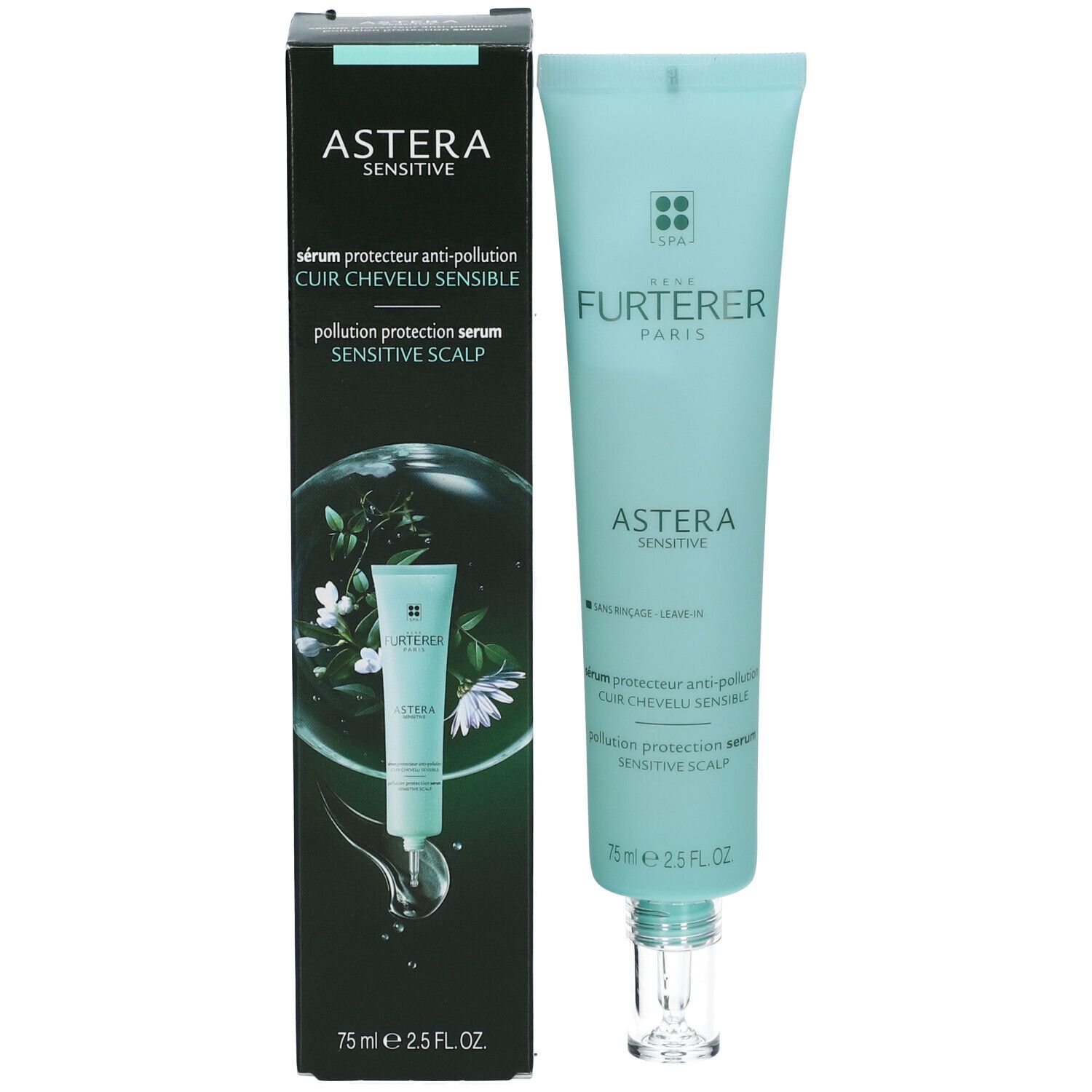 Produit et emballage. Tube vert clair et emballage noir avec ASTERA SENSITIVE.