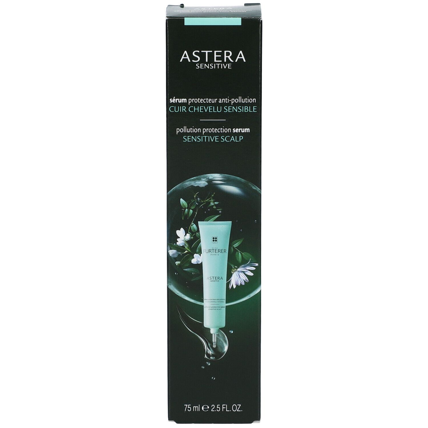Emballage noir avec image du produit. ASTERA SENSITIVE. sérum protecteur anti-pollution cuir chevelu sensible.