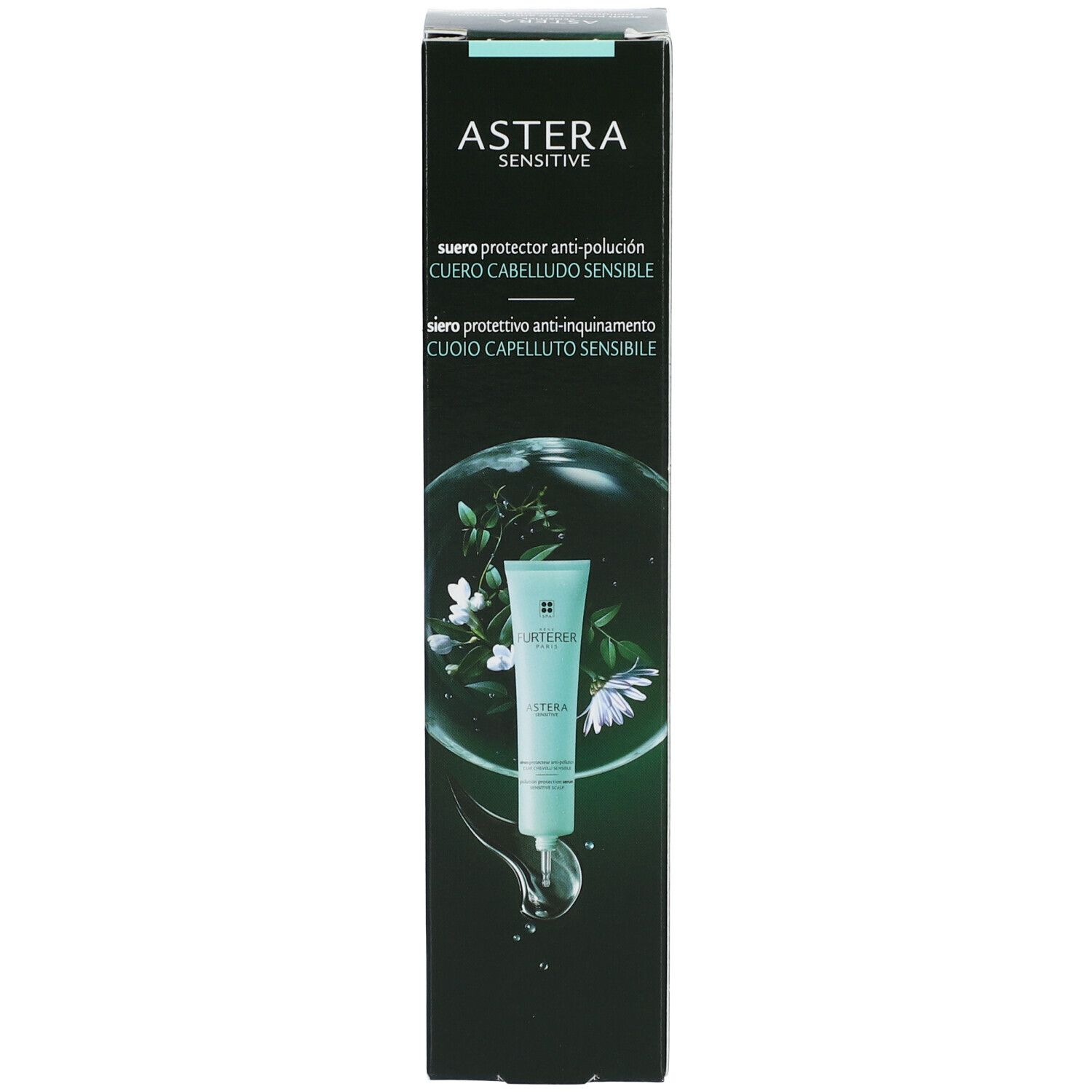 Emballage noir avec image du produit. ASTERA SENSITIVE. Suero protector anti-polución cuero cabelludo sensible.