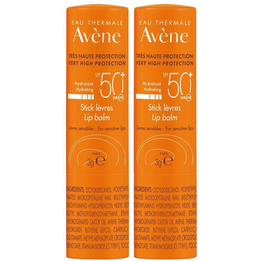 Deux sticks lèvres oranges côte à côte. Inscriptions: Avène, SPF 50+, Stick lèvres, 3g.