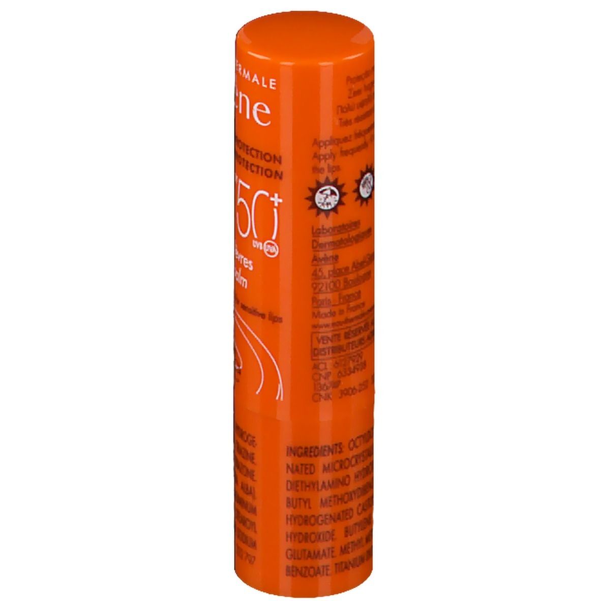 Stick lèvres orange. Inscriptions: Avène, SPF 50+, Stick lèvres, 3g. Vue détaillée.