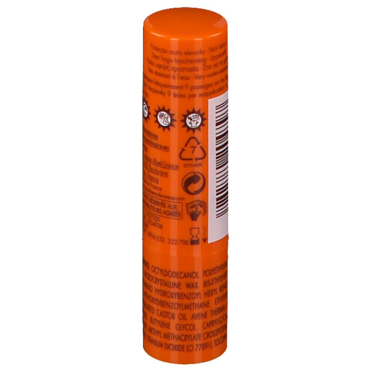 Dos d'un stick lèvres orange. Texte et symboles. Vue détaillée.