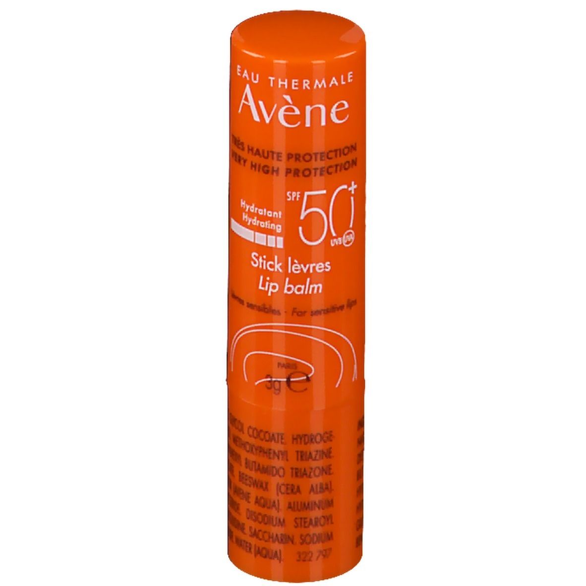 Stick lèvres orange. Inscriptions: Avène, SPF 50+, Stick lèvres, 3g. Vue détaillée.