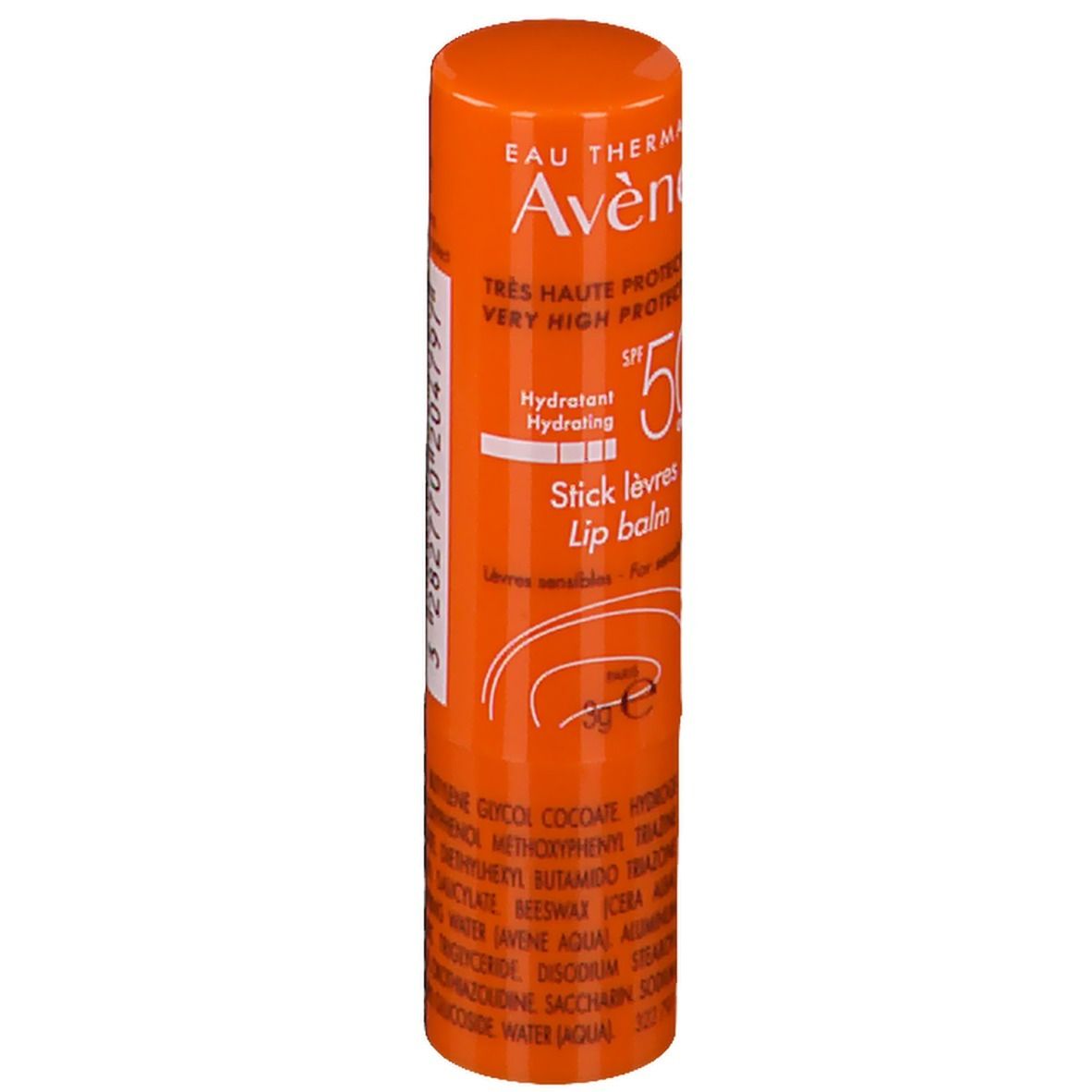 Stick lèvres orange. Inscriptions: Avène, SPF 50+, Stick lèvres, 3g. Vue détaillée.