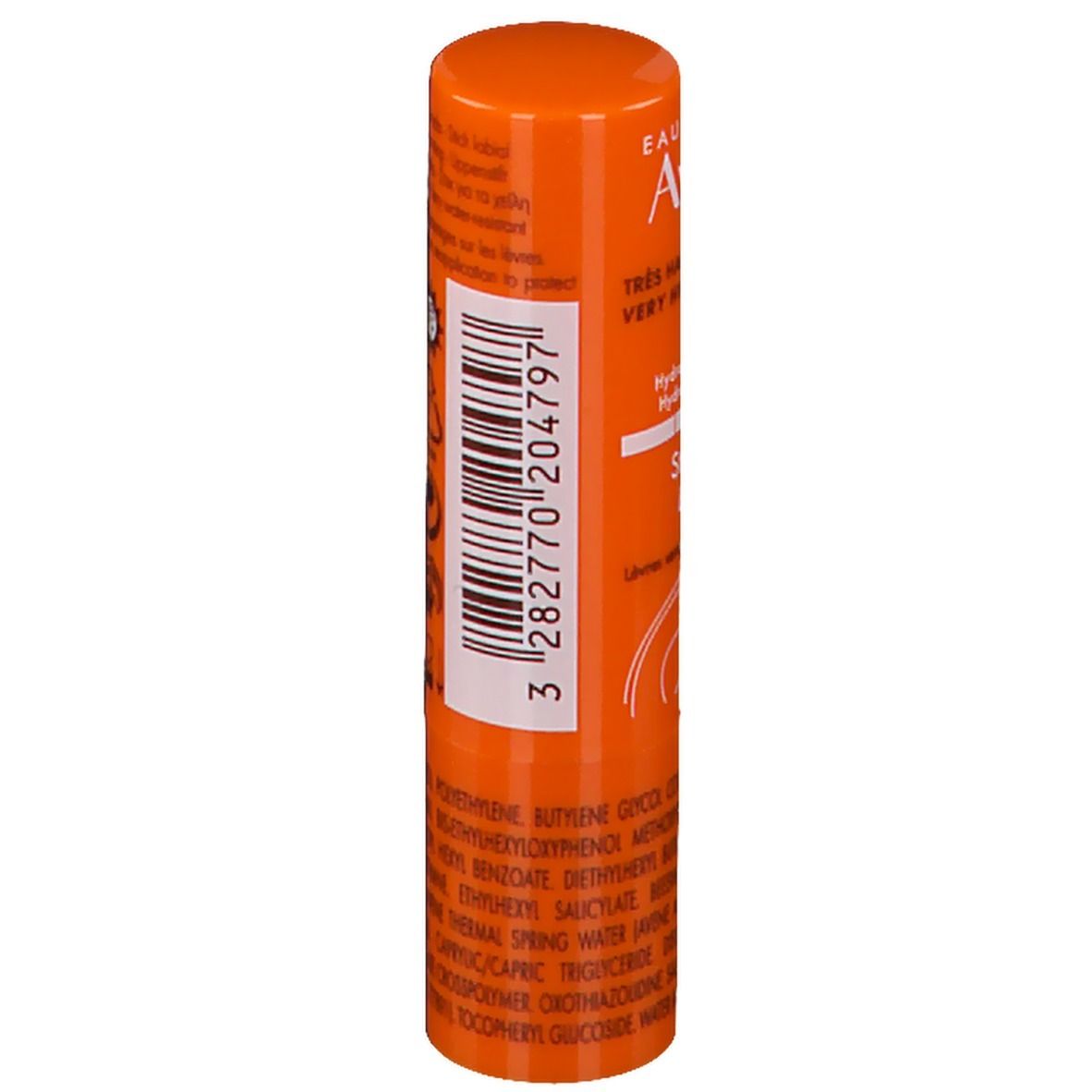 Dos d'un stick lèvres orange. Texte et code-barres. Vue détaillée.