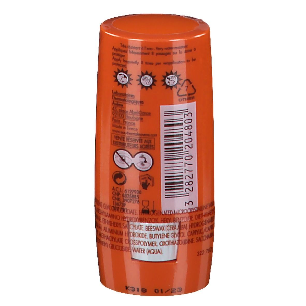 Dos d'un stick solaire orange. Inscription: Avène, Ingrédients, pictogrammes.