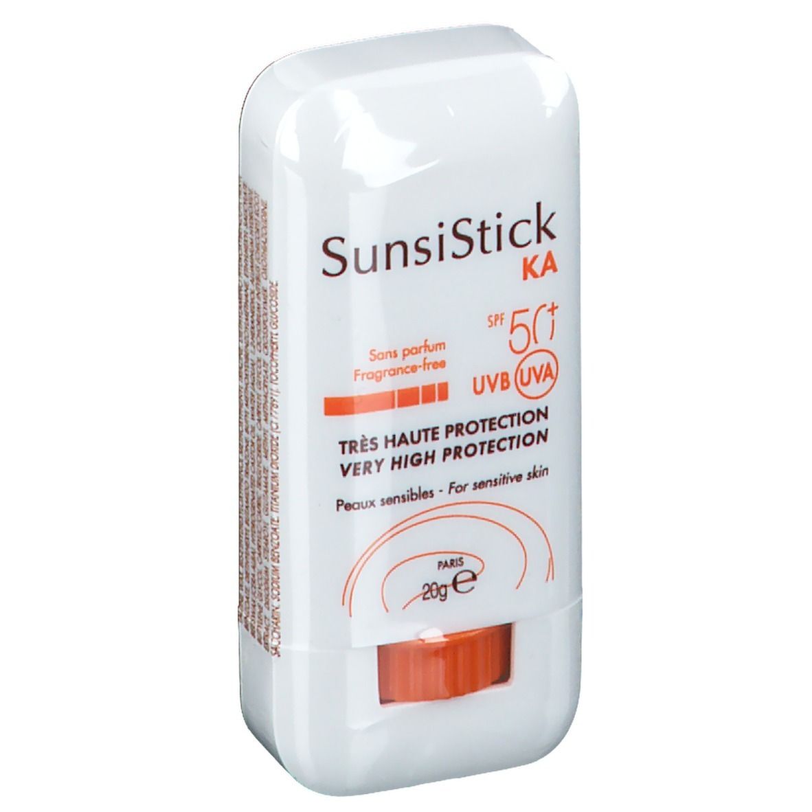 Stick solaire blanc avec curseur orange. Inscription : SunsiStick KA SPF 50+. Texte : Très haute protection, peaux sensibles.