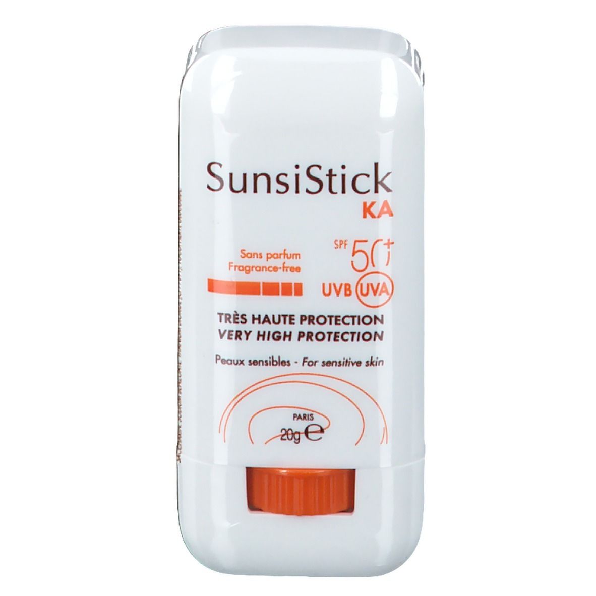 Stick solaire blanc avec curseur orange. Inscription : SunsiStick KA SPF 50+. Texte : Très haute protection, peaux sensibles.