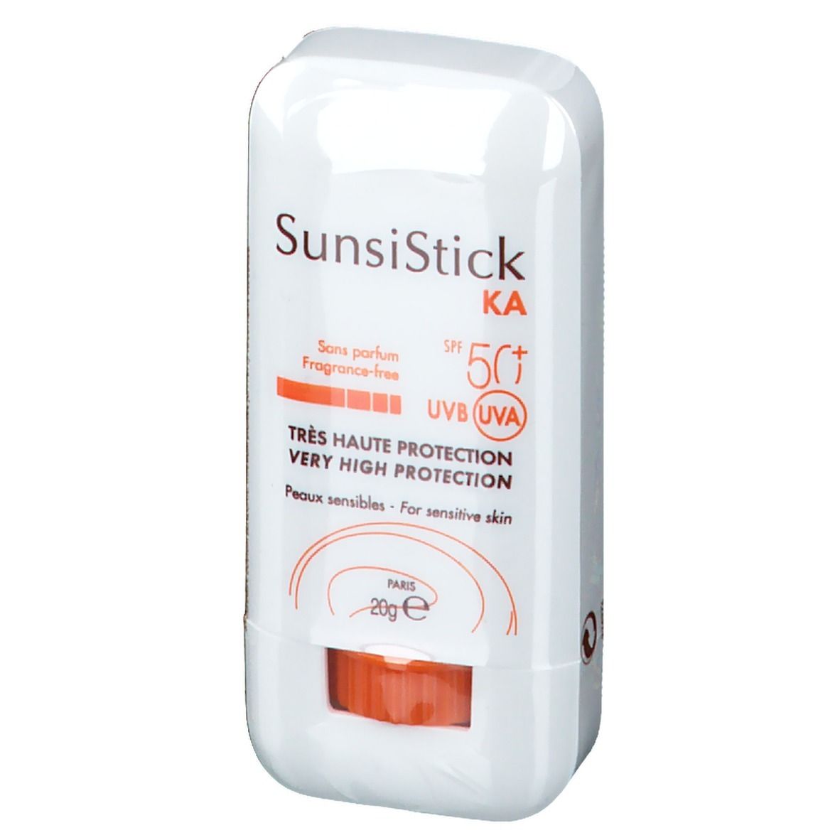 Stick solaire blanc avec curseur orange. Inscription : SunsiStick KA SPF 50+. Texte : Très haute protection, peaux sensibles.
