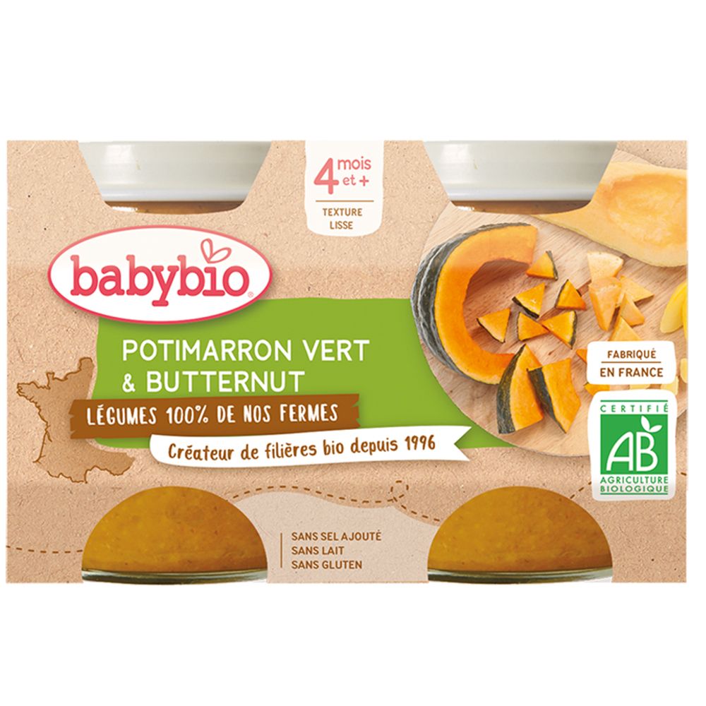 Babybio purée : Potimarron vert & Butternut, 4x130g. Label Bio.