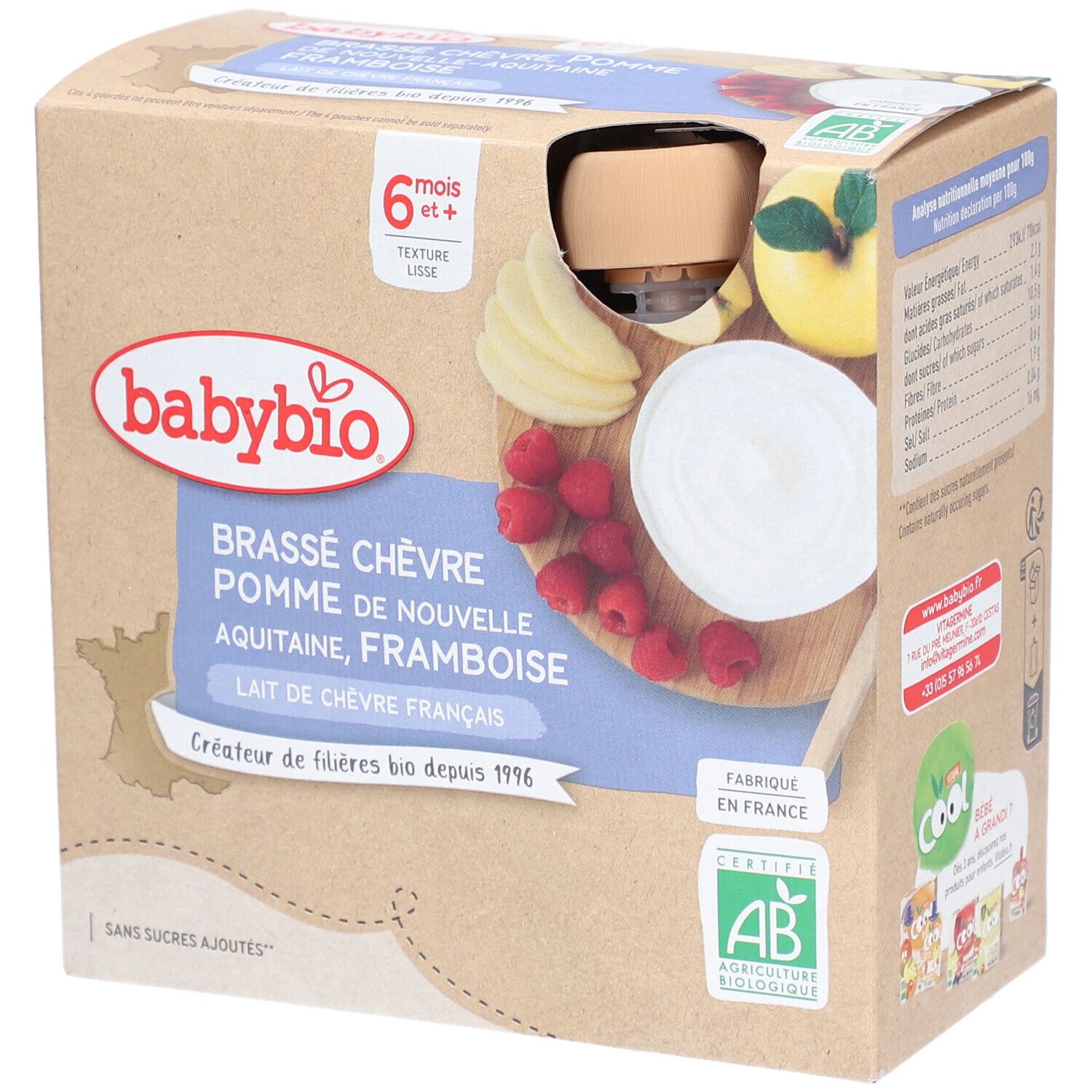 Babybio Brassé Chèvre Pomme Framboise, dès 6 mois, pack de 4x85g.