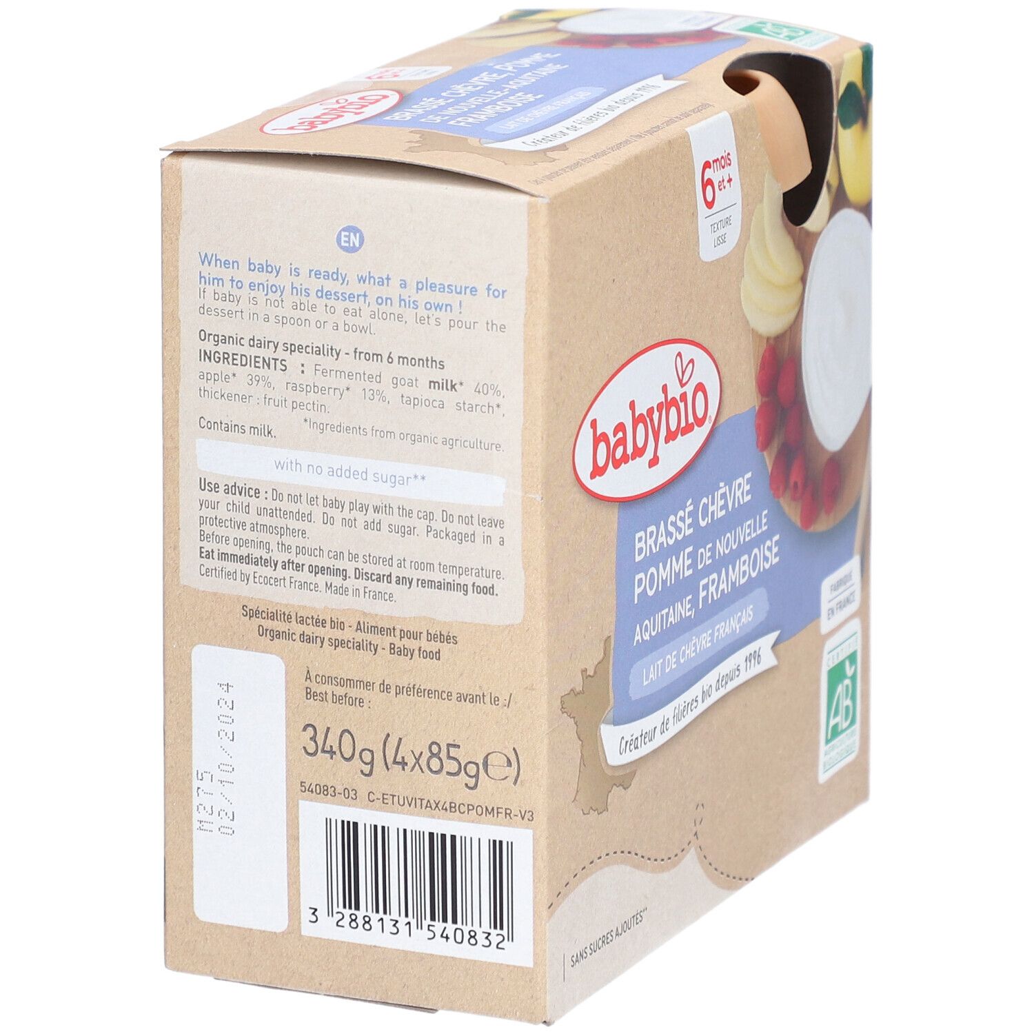 Babybio Brassé Chèvre Pomme Framboise, dos avec liste ingrédients et conseils d'utilisation.