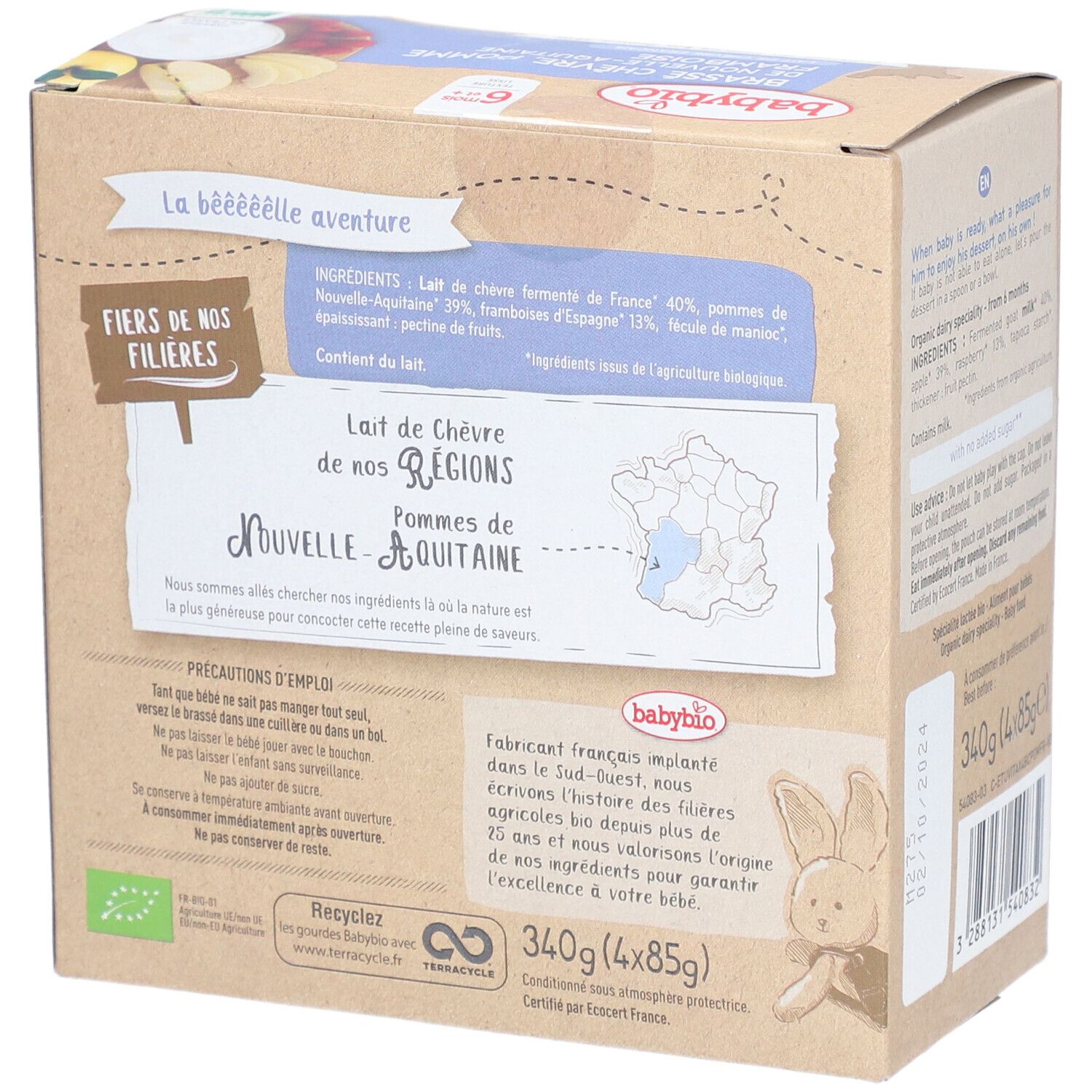 Babybio Brassé Chèvre Pomme Framboise, côté avec origine et label bio.
