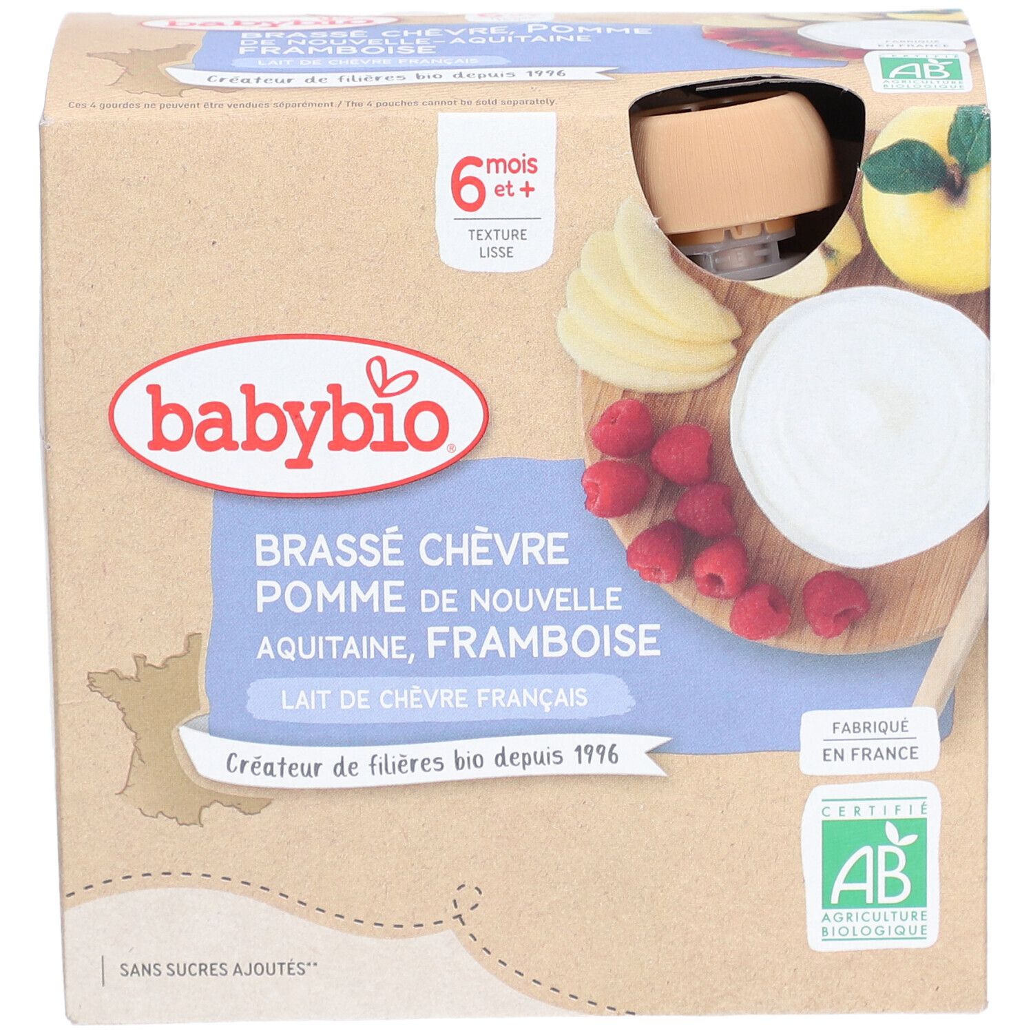 Babybio Brassé Chèvre Pomme Framboise, dès 6 mois, emballage avec illustration de fruits.