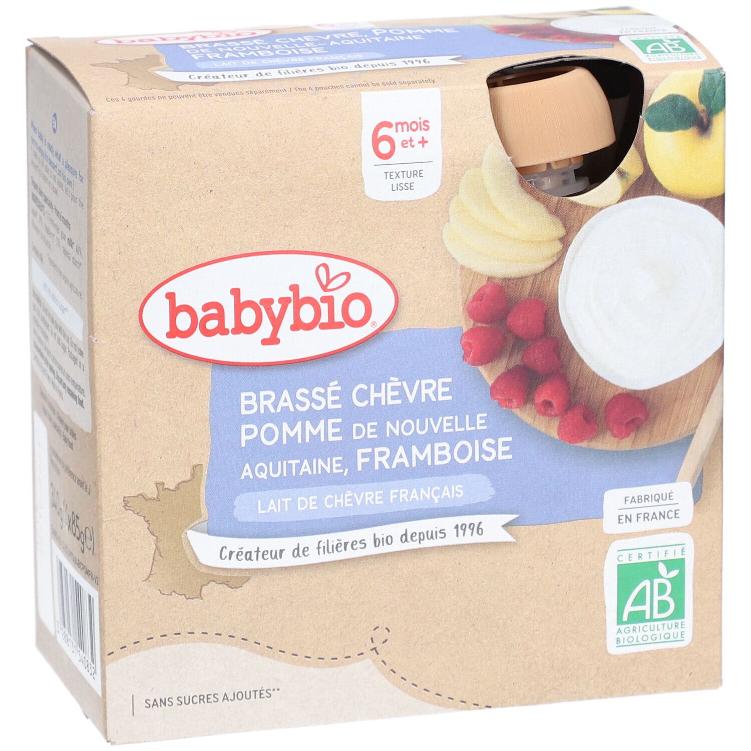 Babybio Brassé Chèvre Pomme Framboise, dès 6 mois, emballage avec label bio.