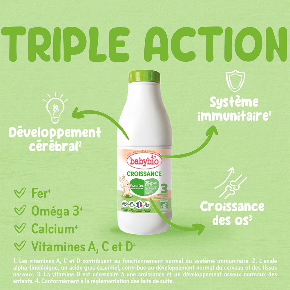 Bouteille de lait de croissance Babybio. Bouchon vert, étiquette avec logo et texte. Flèches pointent vers les avantages.