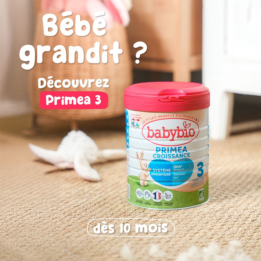 Boîte de lait infantile Babybio Primea 3. Couvercle rouge. Pour bébés dès 10 mois.