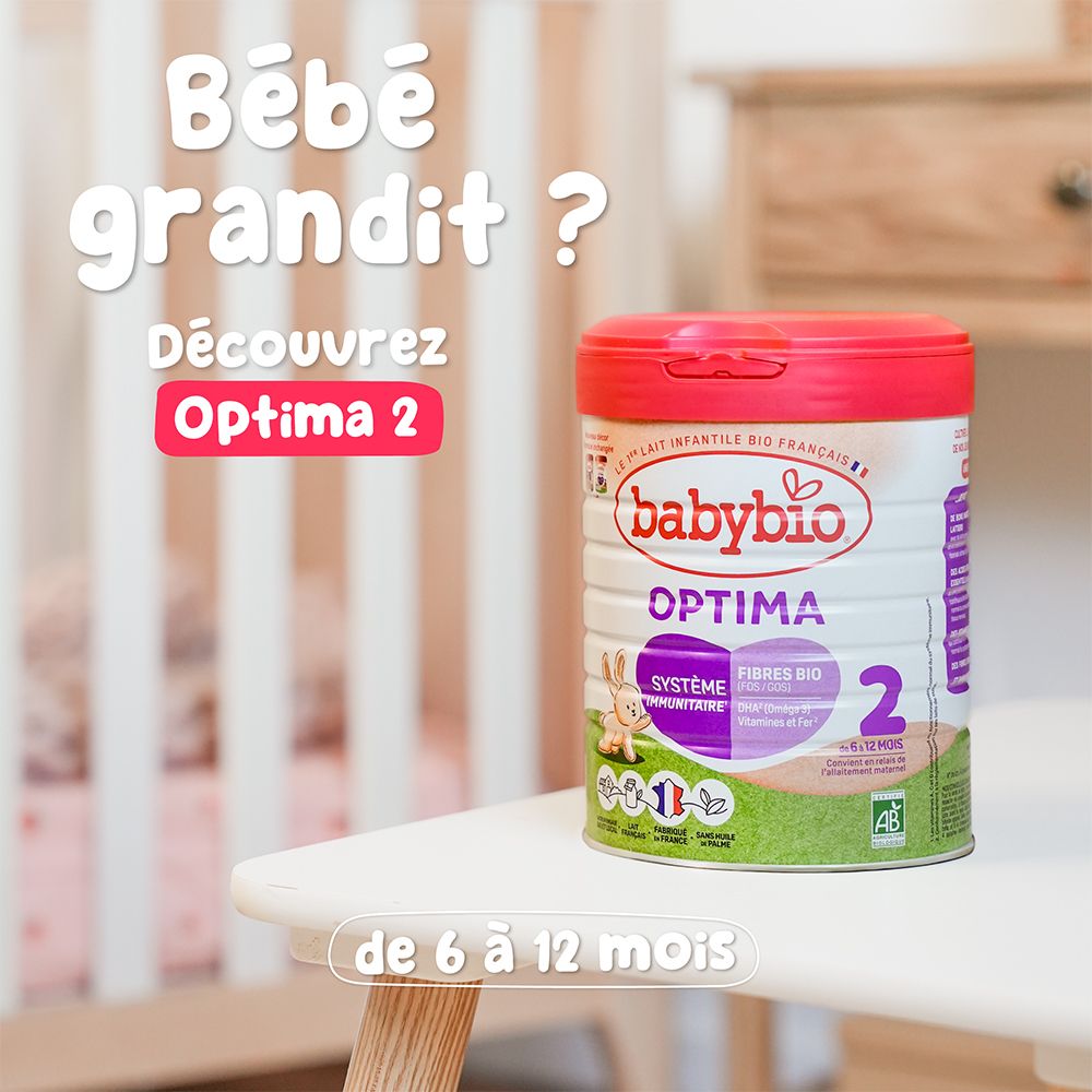 Boîte de lait infantile Babybio Optima 2. Couvercle rouge. Pour bébés de 6 à 12 mois.