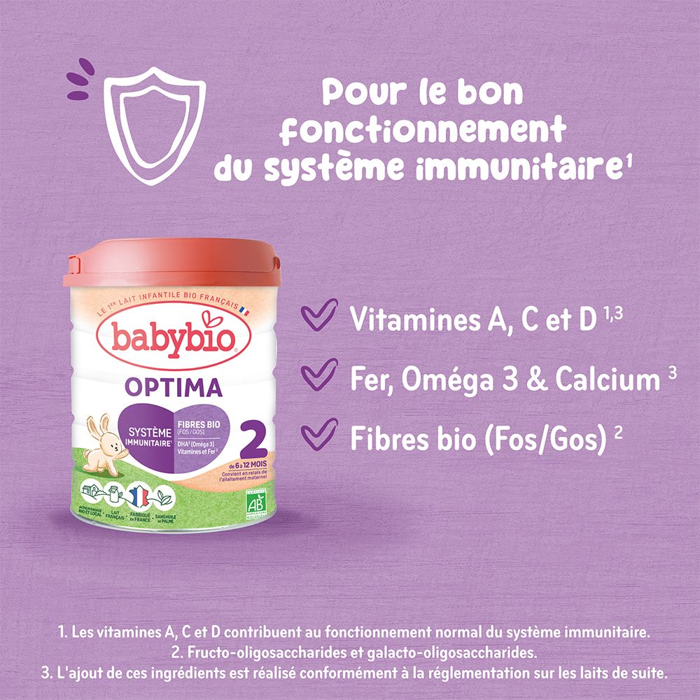 Boîte de lait Babybio Optima 2. Inscriptions : Babybio, Optima, 2, vitamines, fer, fibres bio.